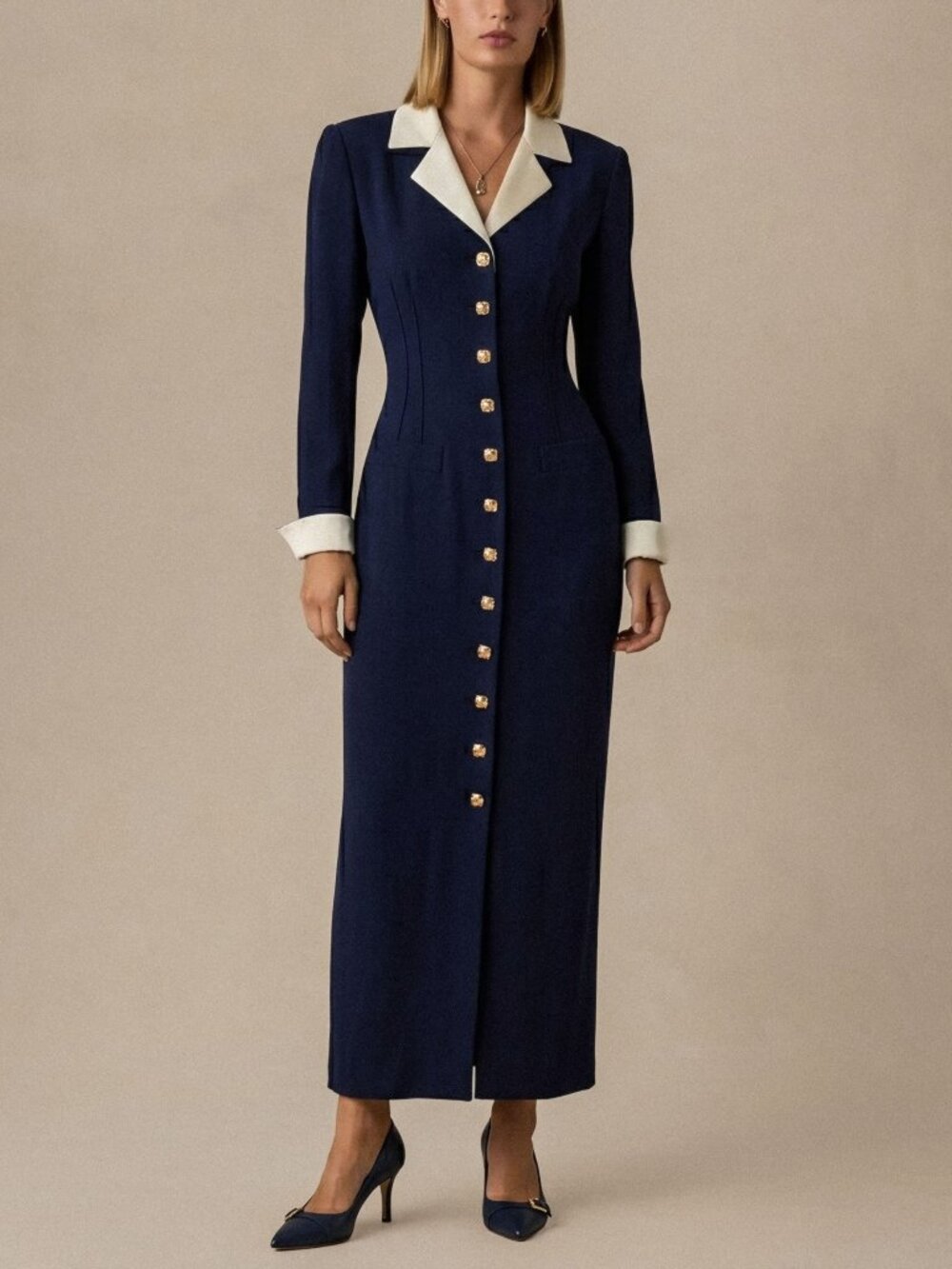 VTG 90s Dana Buchman Navy Blue Contrast Tuxedo Maxi Coat Dress Gold Button Sz 10
